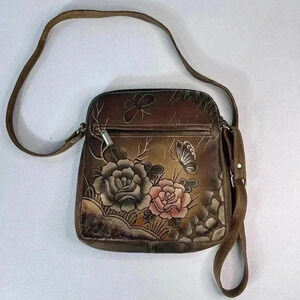 Biacci Hand-painted Leather Floral Butterfly Brown Handbag Crossbody Purse Boho
